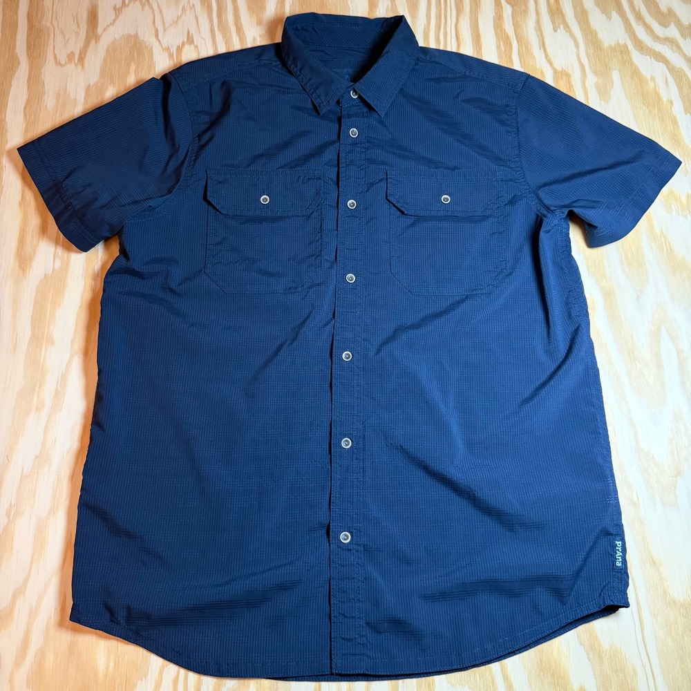Prana Mens‎ Blue Grid Short Sleeve Snap Front Performance Hiking Shirt Small